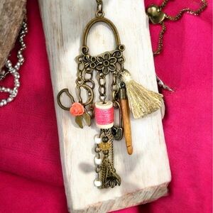 Sewing charm pendant necklace with scissors, spool, Sewing necklace.